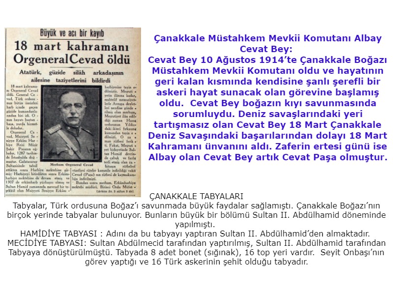 Çanakkale şavaşları Albay Cevat Bey