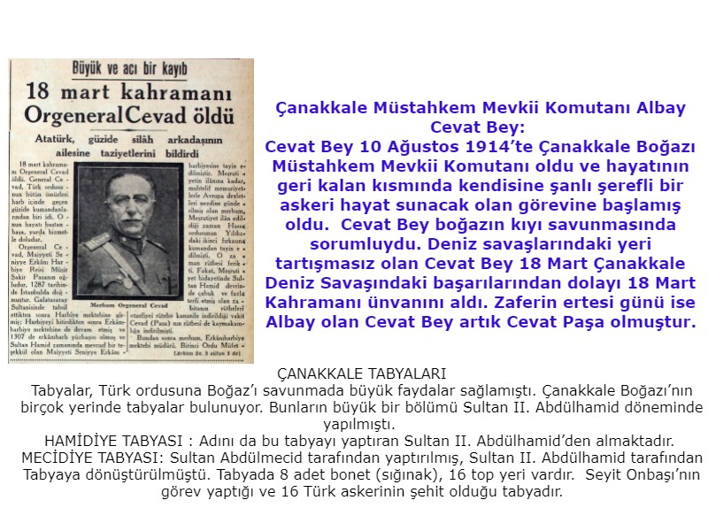 Çanakkale şavaşları Albay Cevat Bey